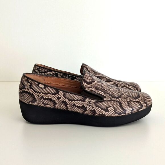 Fitflop Superskate Brown Snakeskin Leather Loafers 6 - Picture 1 of 9